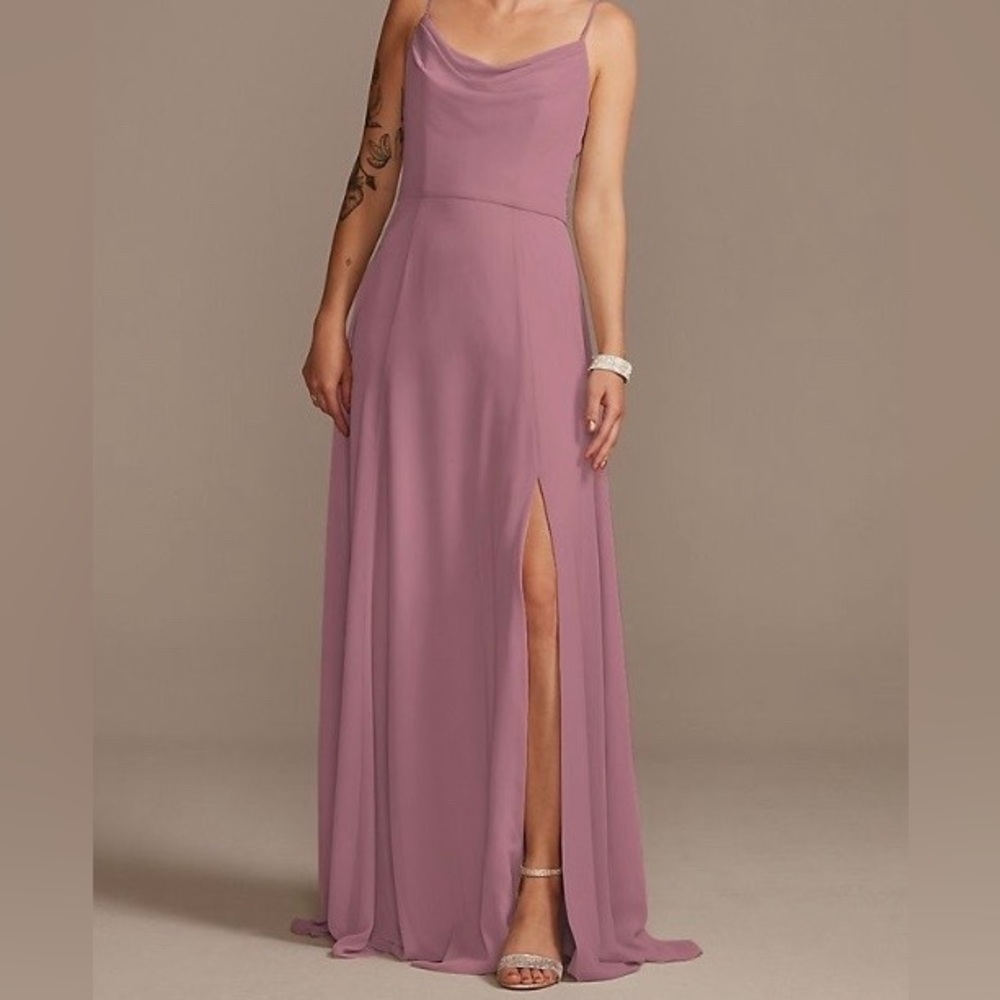 David’s bridal cowl neck chiffon bridesmaid dress with slit size 6